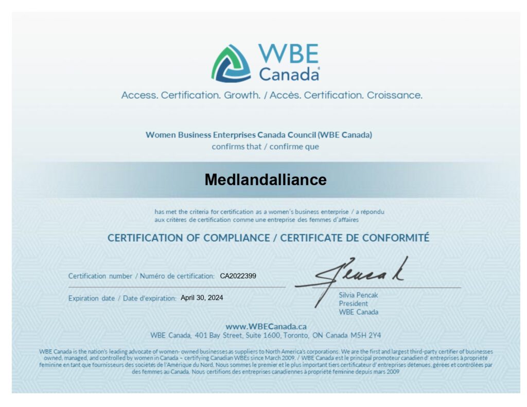 Medlandalliance WBE Canada Certificate